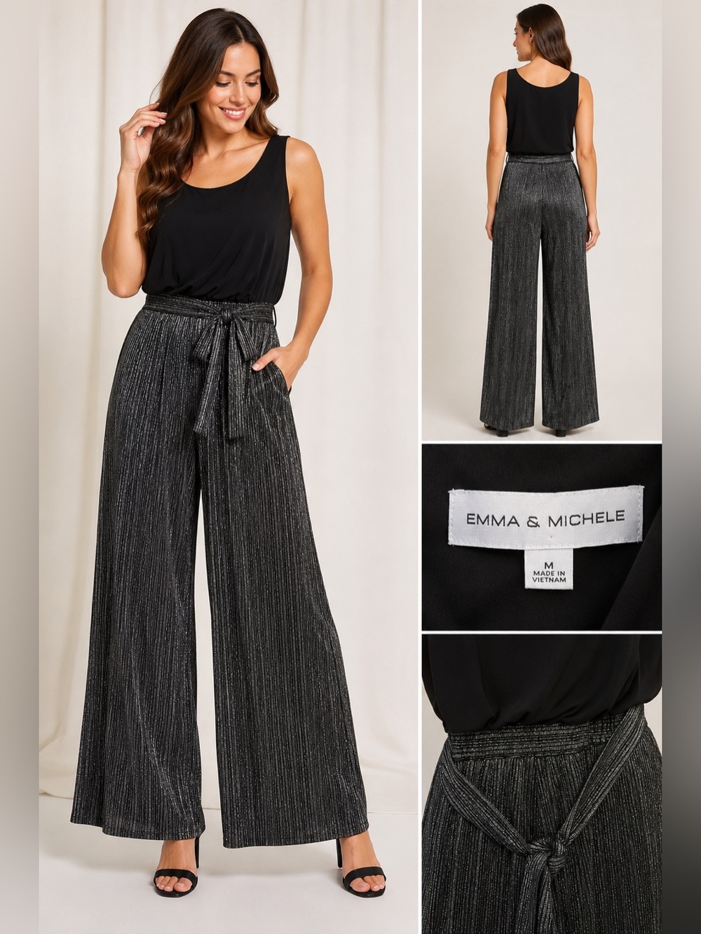 Emma & Michele Black Metallic Pleated Wide Leg Jumpsuit – Size M